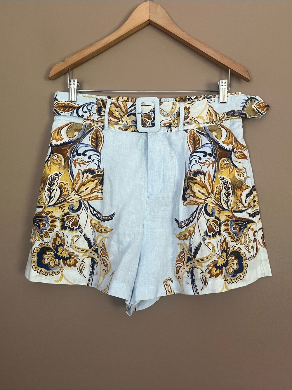 {Joie} Line Floral Paisley High-Rise Shorts with Belt - Womens Medium